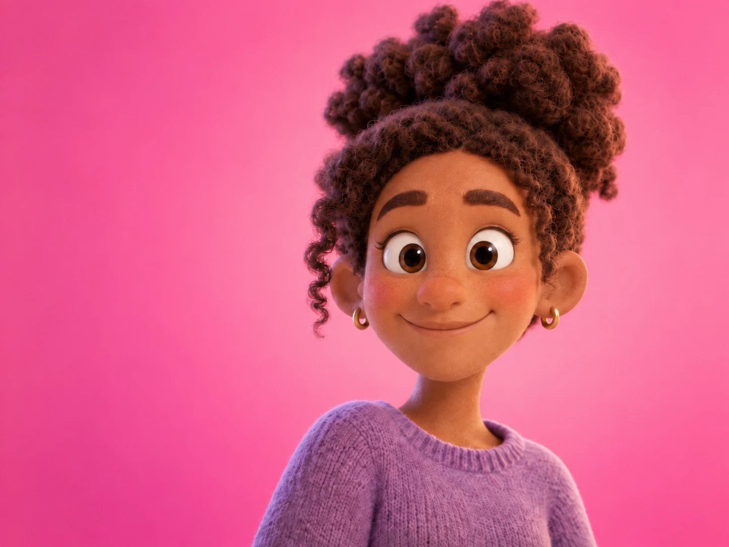 YAYA, the big sister: a smiling girl with curly hair, on pink